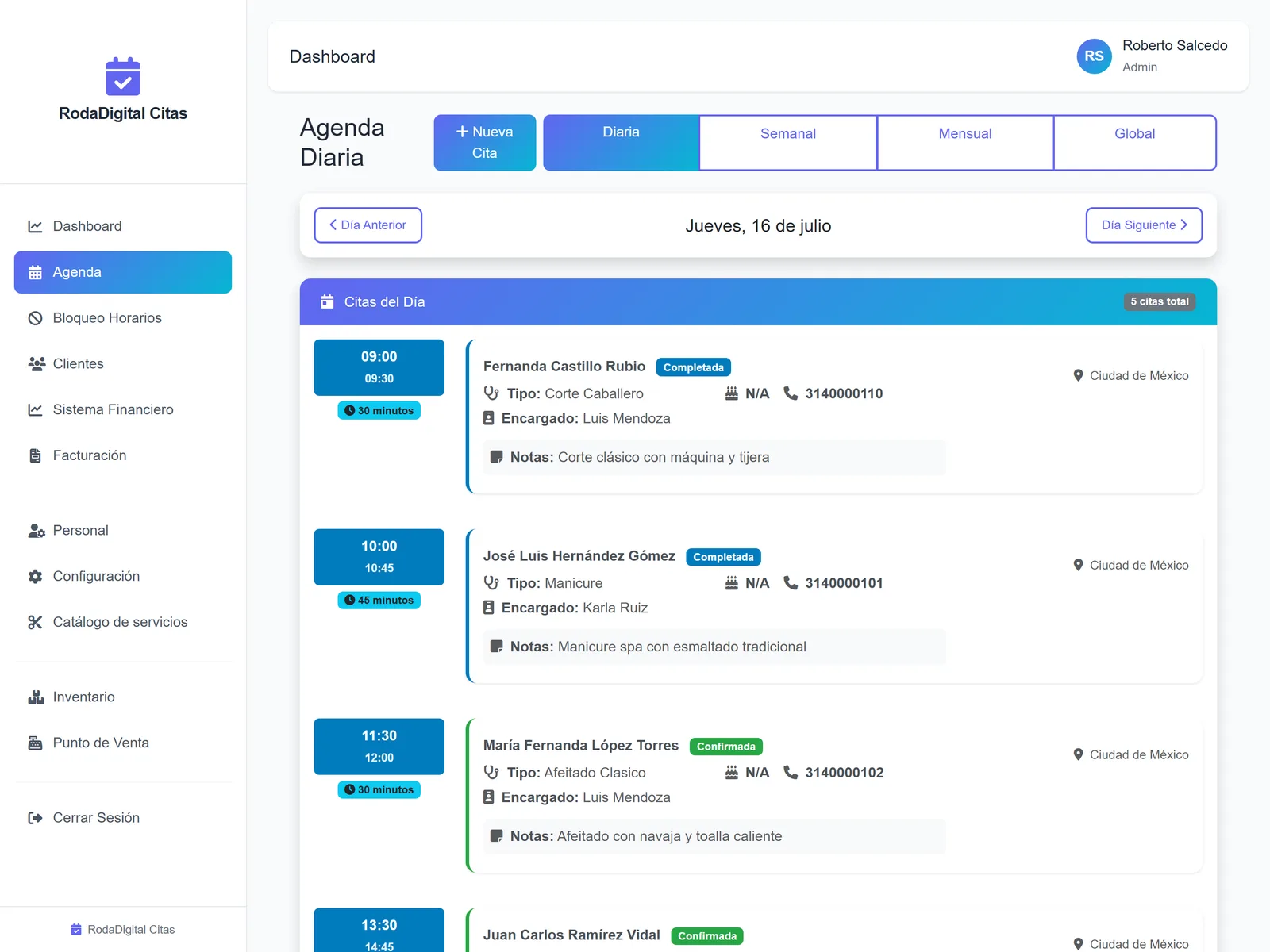 Agenda del día en RodaDigital Citas: cliente, servicio, hora y encargado de cada cita