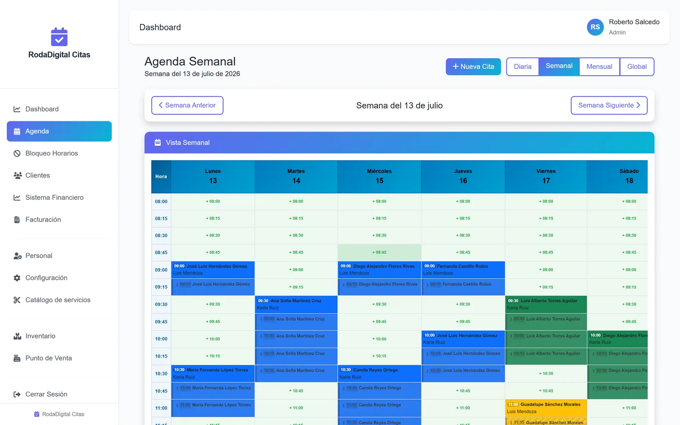 Agenda semanal de RodaDigital Citas coloreada por estado de cita