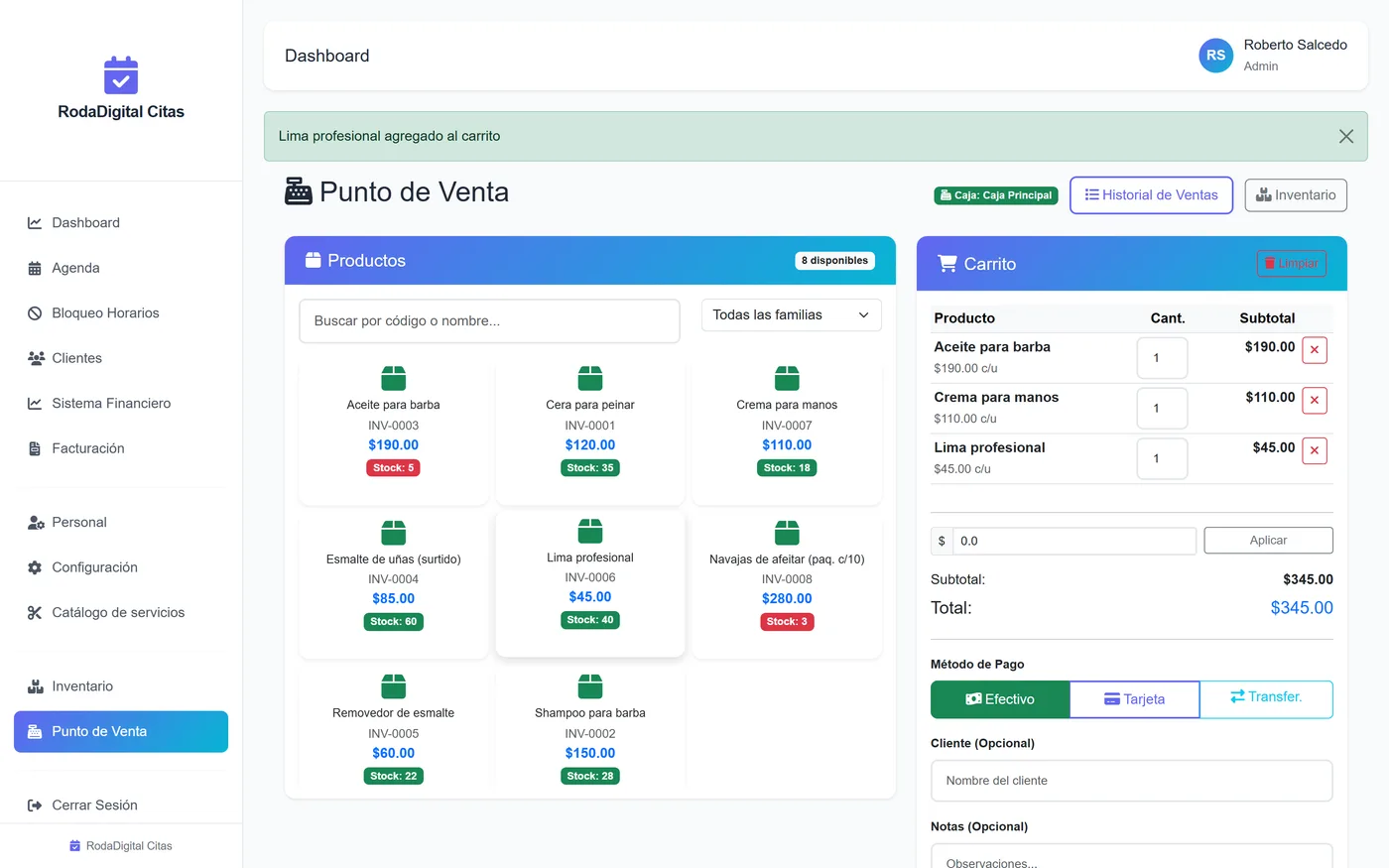 Punto de venta de RodaDigital Citas con productos y carrito