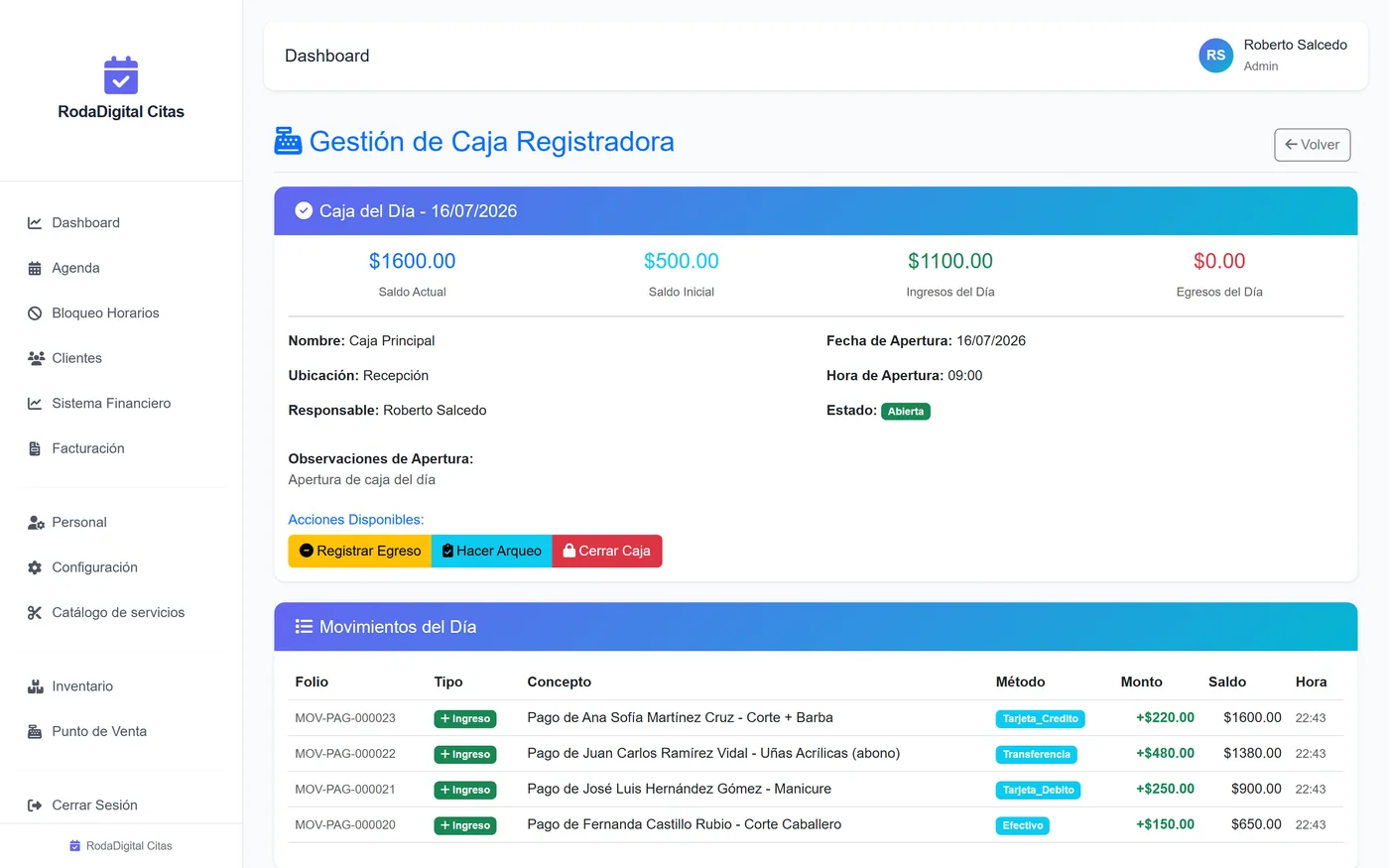 Caja del día de RodaDigital Citas con los cobros de cada servicio