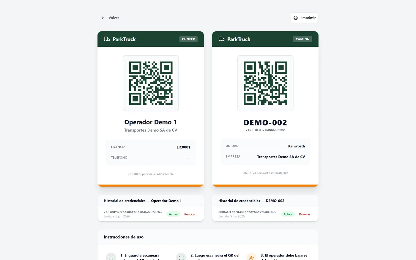 Credencial QR imprimible para operador y camión