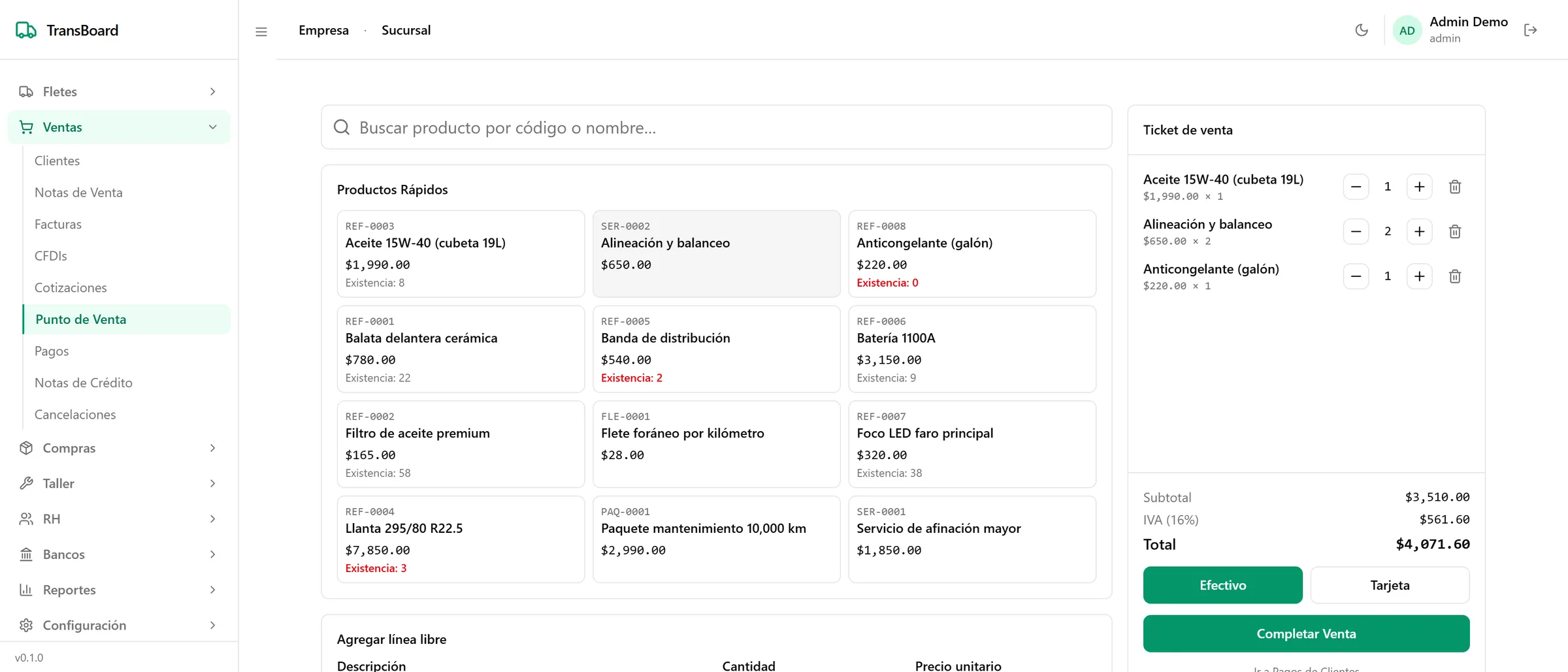 Pantalla de cobro de RodaDigital Punto de venta: catálogo con existencias y ticket con IVA y total