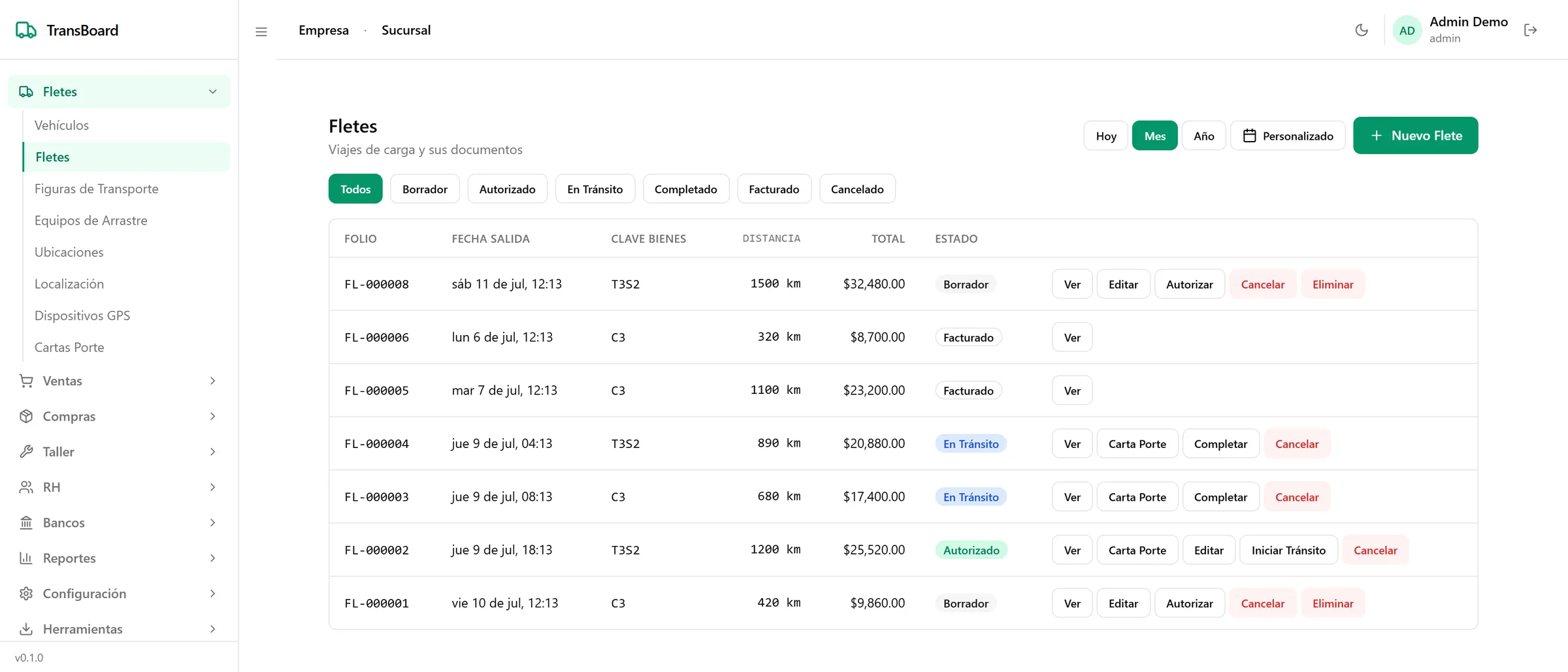 Tablero de fletes de RodaDigital Transporte: folio, ruta, distancia, tarifa y estatus de cada viaje