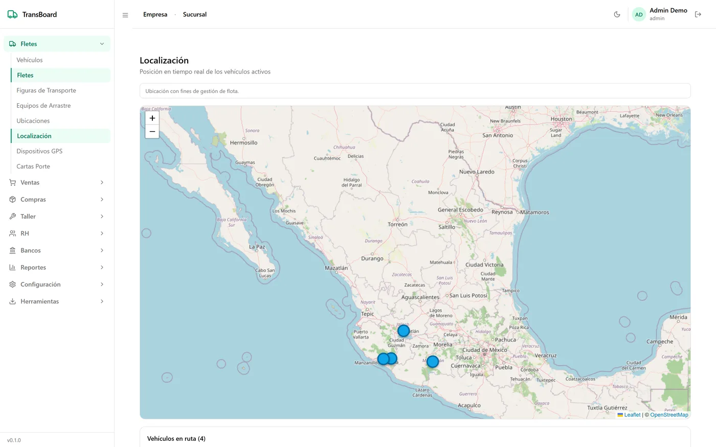 Localización GPS de la flotilla en un mapa de México en tiempo real